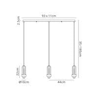 Barcelona Linear 3 Light Pendant E27 With 20cm Tubular Ribbed Glass - Multiple Colour