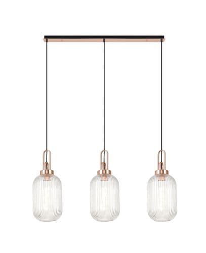 Barcelona Linear 3 Light Pendant E27 With 20cm Tubular Ribbed Glass - Multiple Colour