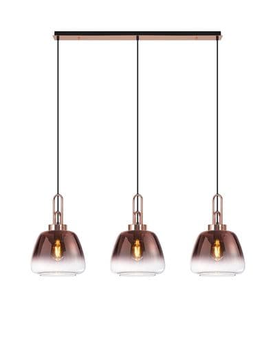 Barcelona Linear Pendant 3 Light E27 With 28cm Trapezium Glass, Copper / Clear / Matt Black