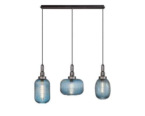 Barcelona Linear Pendant 3 Light E27 With Various Glasses, Aged Pewter / Petrol Blue / Matt Black