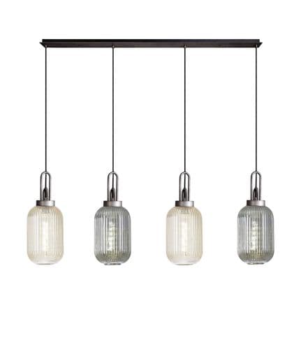 Barcelona Linear Pendant 4 Light E27 With 20cm Tubular Ribbed Glass, Aged Pewter / Matt Black