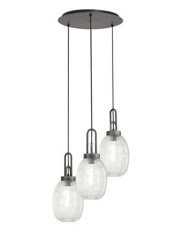 Barcelona Round 3 Light Pendant With 20cm Almond Ribbed Glass - Multiple Colour