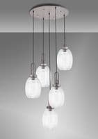 Barcelona Round 5 Light Pendant With 20cm Almond Ribbed Glass, Aged Pewter/Matt Black Clear