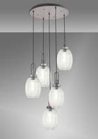 Barcelona Round 5 Light Pendant With 20cm Almond Ribbed Glass, Aged Pewter/Matt Black Clear