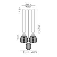 Barcelona Round 5 Light Pendant With 20cm Almond Ribbed Glass, Aged Pewter/Matt Black Clear