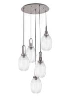 Barcelona Round 5 Light Pendant With 20cm Almond Ribbed Glass, Aged Pewter/Matt Black Clear