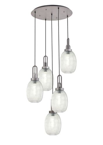Barcelona Round 5 Light Pendant With 20cm Almond Ribbed Glass, Aged Pewter/Matt Black Clear
