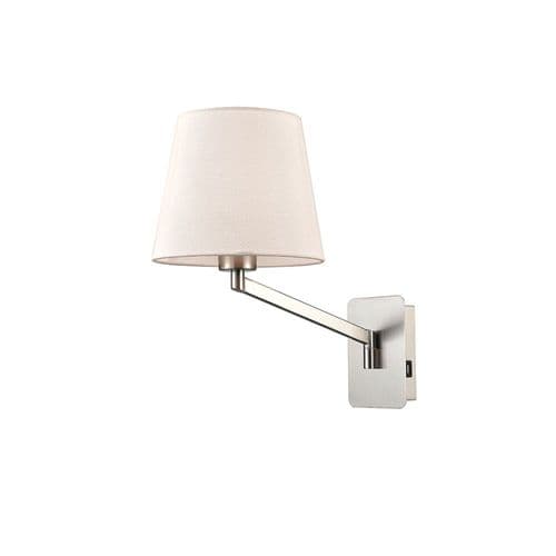 Blyton 1 Light Swing Arm Bracket With USB In Satin Nickel With An Off White Linen Shade GSBWB121/1174
