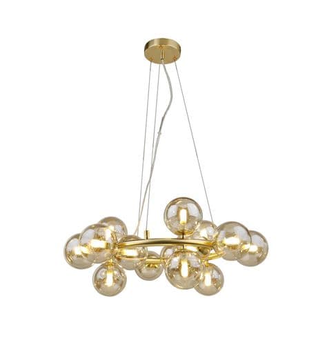Colla 15 Light Round Pendant in Satin Gold with Cognac Glass