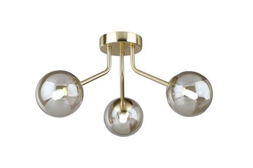 Colla 3 Light Semi Flush in Satin Gold with Cognac Glass