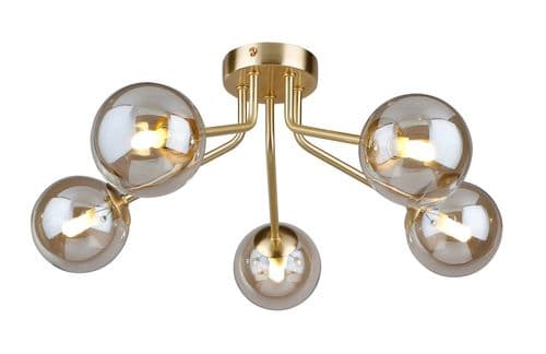 Colla 5 Light Semi Flush in Satin Gold with Cognac Glass