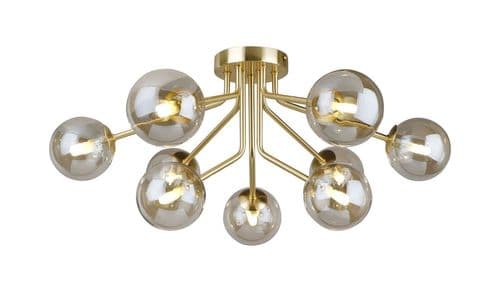 Colla 9 Light Semi Flush in Satin Gold with Cognac Glass