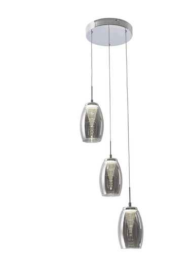 Domo 3 Light LED Round Pendant, Smoked in Polished Chrome, Smoked Glass