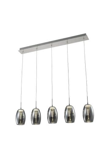Domo 5 Light LED Bar Pendant, Smoked in Polished Chrome, Smoked Glass