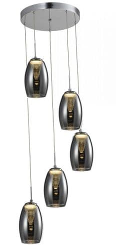 Domo 5 Light LED Round Pendant, Smoked in Polished Chrome, Smoked Glass