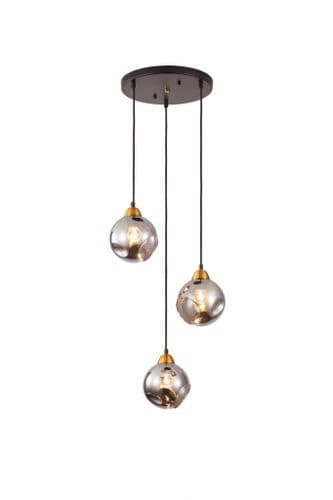 Eallas 3 Light Pendant in Matt Black, Antique Gold, Smoked Glass