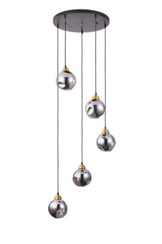 Eallas 5 Light Pendant in Matt Black, Antique Gold, Smoked Glass