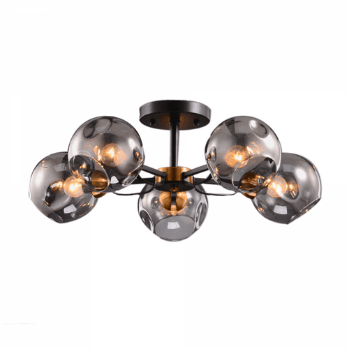 Eallas 5 Light Semi Flush in Matt Black, Antique Gold, Smoked Glass