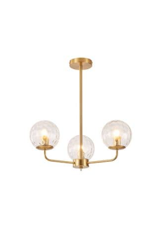 Lnox 3 Light Semi Flush in Brushed Brass, Clear Glass Balls
