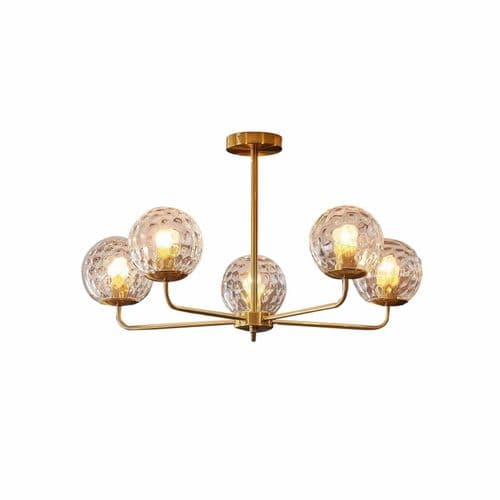Lnox 5 Light Semi Flush in Brushed Brass, Clear Glass Balls