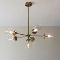 Bright nickel 6 light pendant with clear glass and adjustable stem