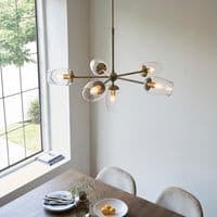 Bright nickel 6 light pendant with clear glass and adjustable stem