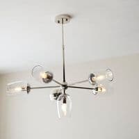 Bright nickel 6 light pendant with clear glass and adjustable stem