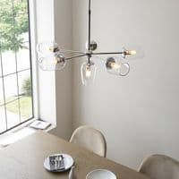 Bright nickel 6 light pendant with clear glass and adjustable stem
