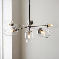 Bright nickel 6 light pendant with clear glass and adjustable stem
