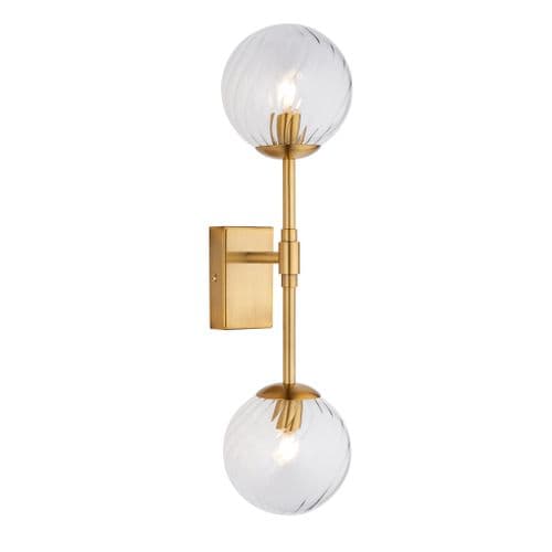 Brushed aged brass 2 light wall light with twisted clear glass FOE114042