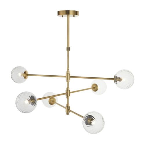 Brushed aged brass 6 light pendant with twisted clear glass FOE114039