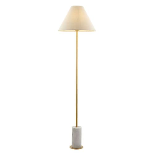 Brushed aged brass & white marble floor light with fabric shade FOE114209