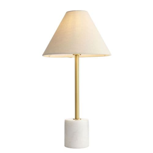 Brushed aged brass & white marble table light with fabric FOE114211
