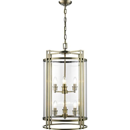 Clive Pendant 6 Light E14 Antique Brass/Glass