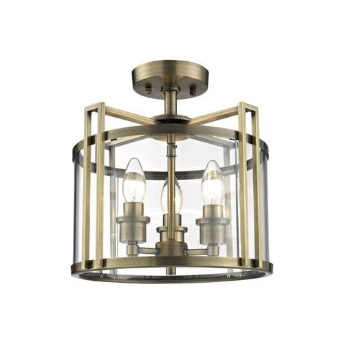 Clive Semi Ceiling 3 Light E14 Antique Brass/Glass