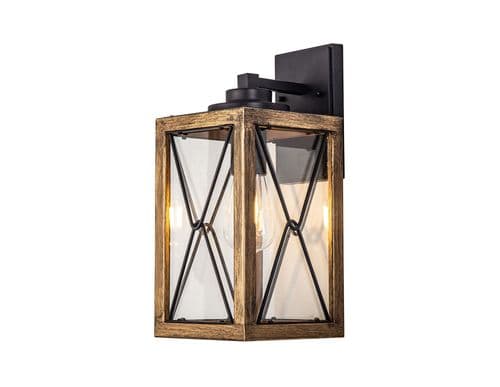 Croydon Large Wall Lamp, 1 x E27, Wood Effect & Black/Clear Glass, IP54, 2yrs Warranty