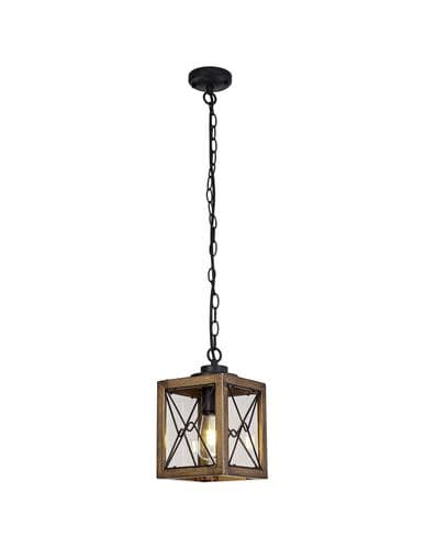 Croydon Pendant, 1 x E27, Wood Effect & Black/Clear Glass, IP54, 2yrs Warranty
