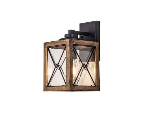 Croydon Small Wall Lamp, 1 x E27, Wood Effect & Black/Clear Glass, IP54, 2yrs Warranty
