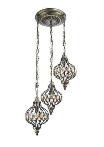 Davergie Triple Pendant Round 3 Light E27 Antique Brass/Amber Crystal