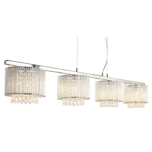 Elise 4Light Ceiling Bar Pendant, Clear Crystal Drops, Aluminium Tubes Trim, Chrome