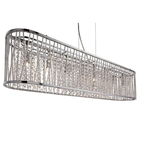 Elise 8 Light Ceiling Oval Bar Pendant, Aluminium Tubes Trim, Chrome, Clear Crystal Drops