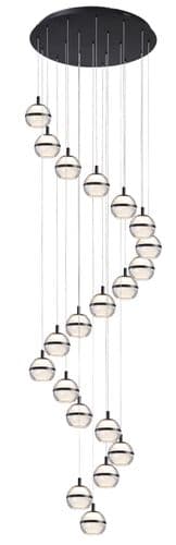 Fquator 20 Light LED Multi Drop Round Pendant Matt Black with Clear & Opal Glass with Black Band