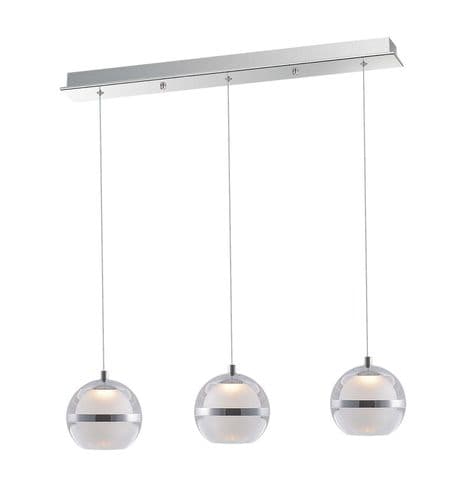 Fquator 3 Light LED Multi Drop Bar Pendant in Polished Chrome, Clear & Opal Glass with Chrome Band