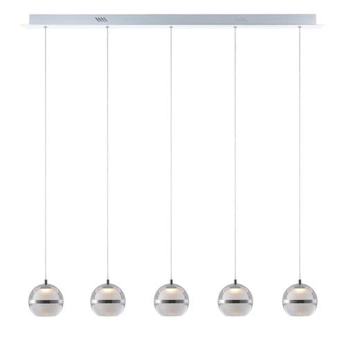 Fquator 5 Light LED Multi Drop Bar Pendant in Polished Chrome, Clear & Opal Glass with Chrome Band