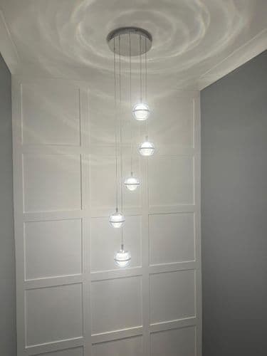 Fquator 5 Light LED Multi Drop Round Pendant in Polished Chrome Clear & Opal Glass with Chrome Band