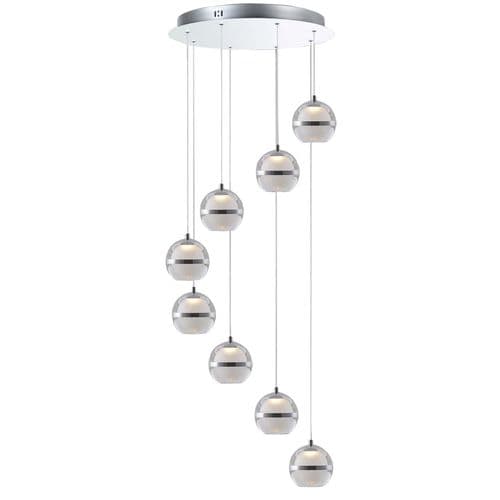 Fquator 8 Light LED Multi Drop Round Pendant in Polished Chrome,Clear & Opal Glass with Chrome Band