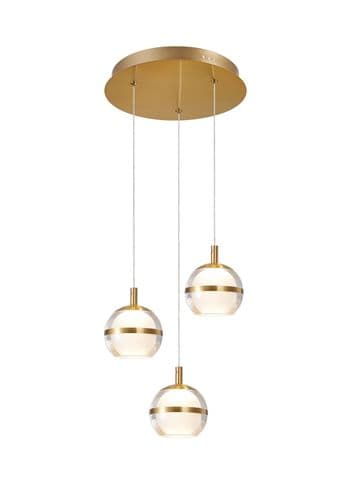 Fquator 3 Light LED Multi Drop Round Pendant in Antique Gold with Clear & Opal Glass with Gold Band