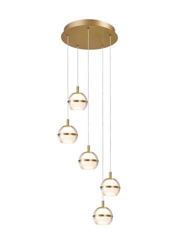 Fquator 5 Light LED Multi Drop Round Pendant in Antique Gold with Clear & Opal Glass with Gold Band