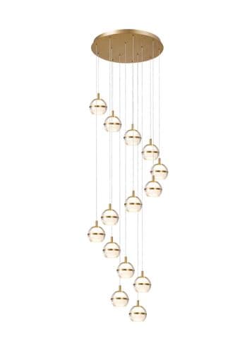 Fquator 14 Light LED Multi Drop Round Pendant in Antique Gold with Clear & Opal Glass with Gold Ban