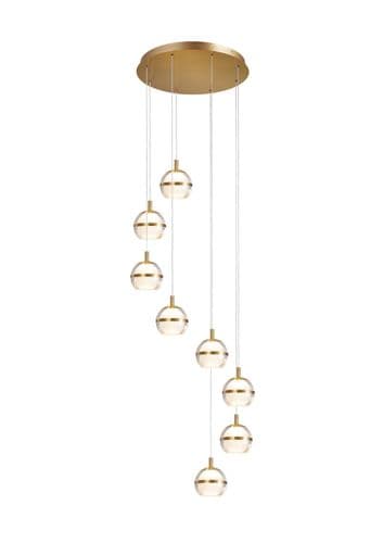 Fquator 8 Light LED Multi Drop Round Pendant in Antique Gold with Clear & Opal Glass with Gold Band